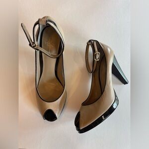 Paolo Beige and Black Peep-Toe Ankle Strap Heels
